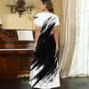 Women Plus Size V Neck Short Sleeve Black White Printed Straight Maxi Dress