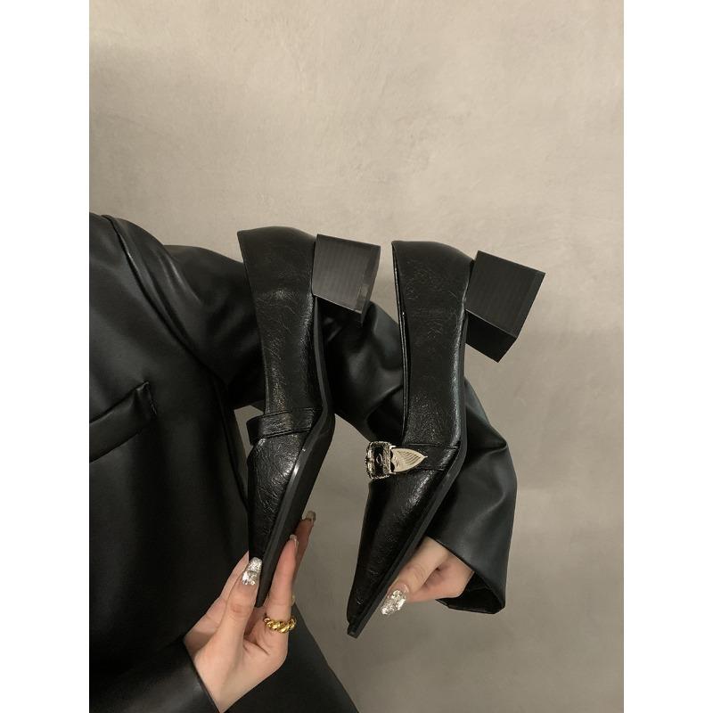 thick heel black pointed high heel single shoes women s new small leather shoes retro commuter 35