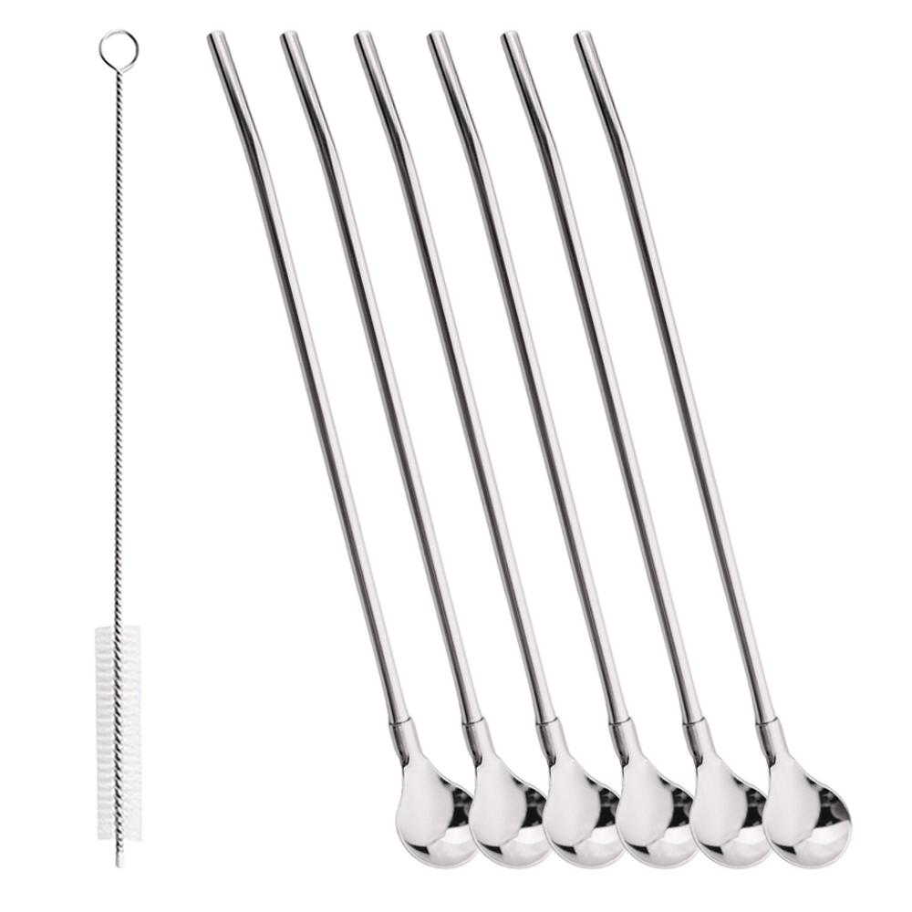 

7Pcs Milkshakes Cocktails Coffee Juice Straw Set 2-in-1 Stainless Steel Straw Spoon Set Reusable Drinking Straws Bar Accessories серебряный
