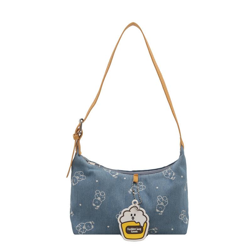 Korean Version of Single Shoulder 2025 Spring Simple Casual Portable Cute Cat Print Denim Small Square Bag Dark Blue