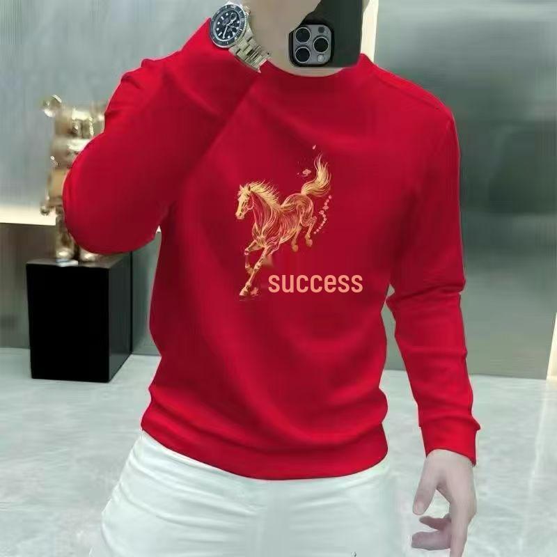 Year of the Horse Red Men s Hoodie - Zodiac Success Print, Round Neck, Fleece-Padded L
