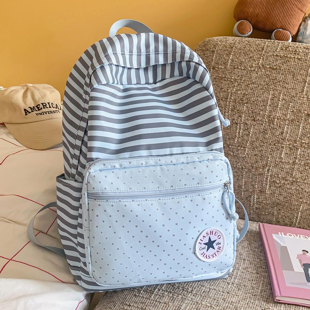 Cartella: Zaino scolastico a righe blu e pois blu mare, zaino da campus alla moda, grande capacità, leggero, zaino versatile ed elegante