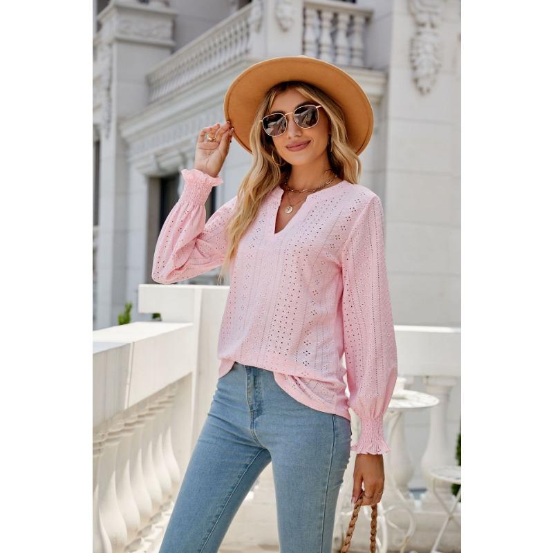 Autumn new style hollow pleated ruffled sleeve V-neck women's casual shirt, fashionable pink elegant women's long-sleeved top