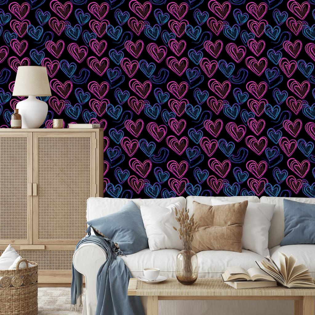 Neon Glitter Hearts Wallpaper Black and Navy Blue 50x1000