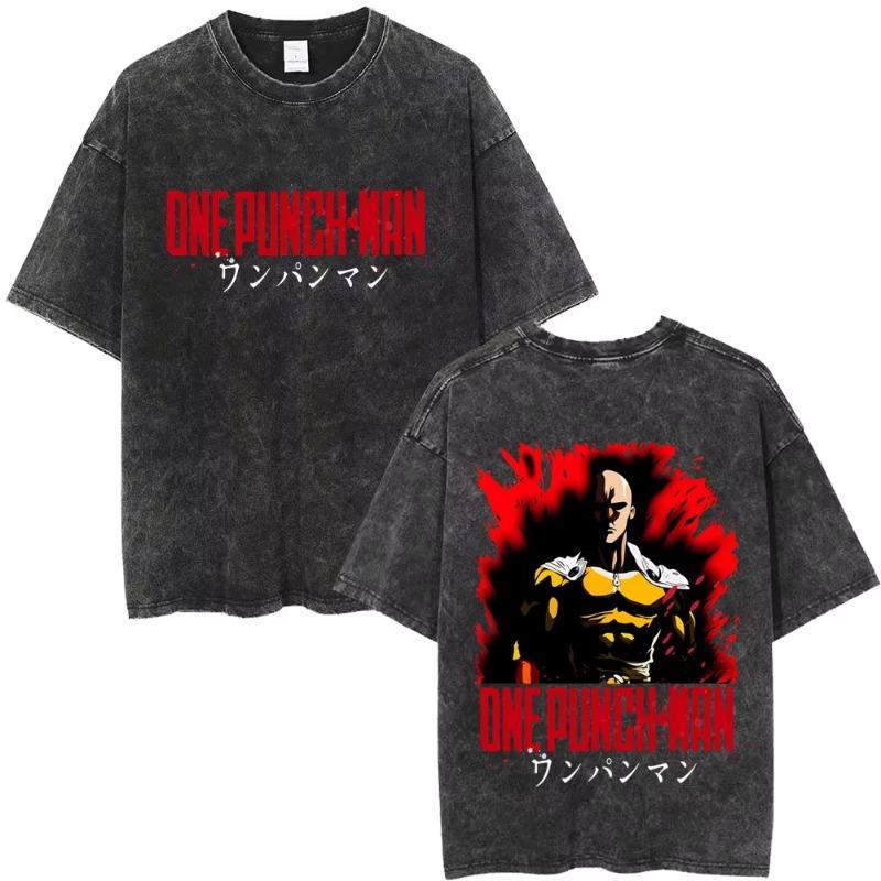 Gewaschenes Vintage Anime One Punch Man Saitama Saitamas Fitnessstudio Lustiges Meme Grafik T-Shirt Herren Damen Fitness Freizeit Übergroße T-Shirts