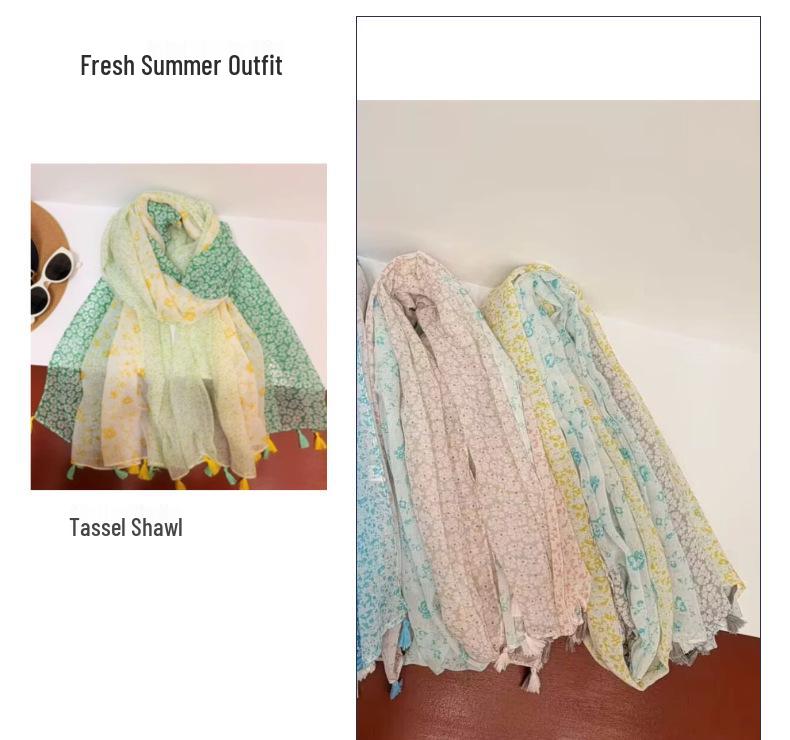 Women's Versatile Bali Gauze Cashew Print Tassel Scarf Shawl for Sun Protection