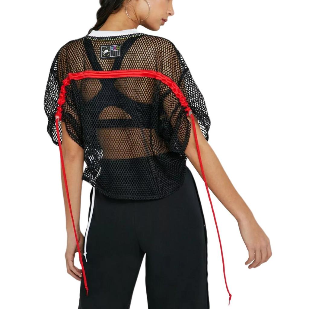 Nike Sportswear Mesh Drawstring Short-Sleeve T-Shirt Women Tops Black AR3034-010
