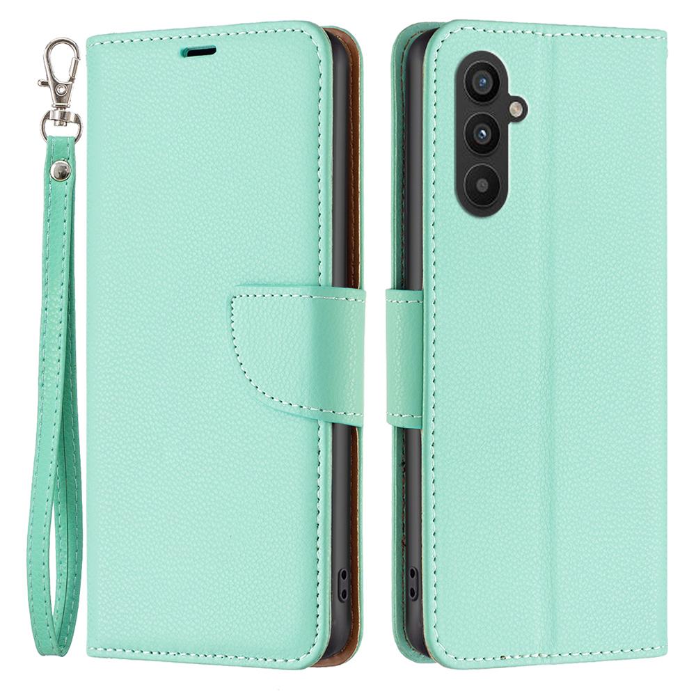 

For Samsung Galaxy A24 4G (162.1 x 77.6 x 8.3mm) PU Leather Wallet Cover Litchi Texture Flip Stand Phone Case with Strap Green