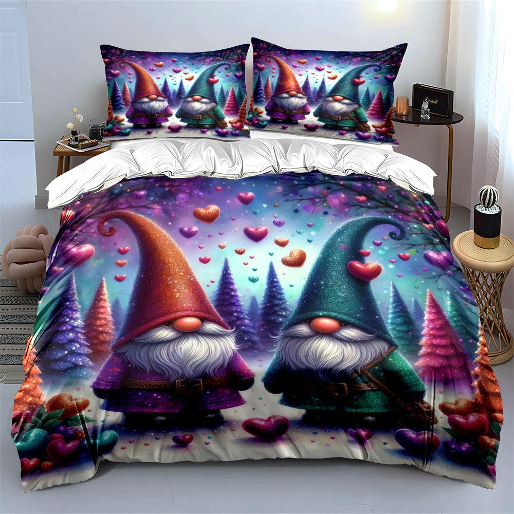 Gnome Couple with Glitter Hearts Bedding Duvet Cover Set (1*Duvet Cover 2*Pillowcases, without duvet insert)