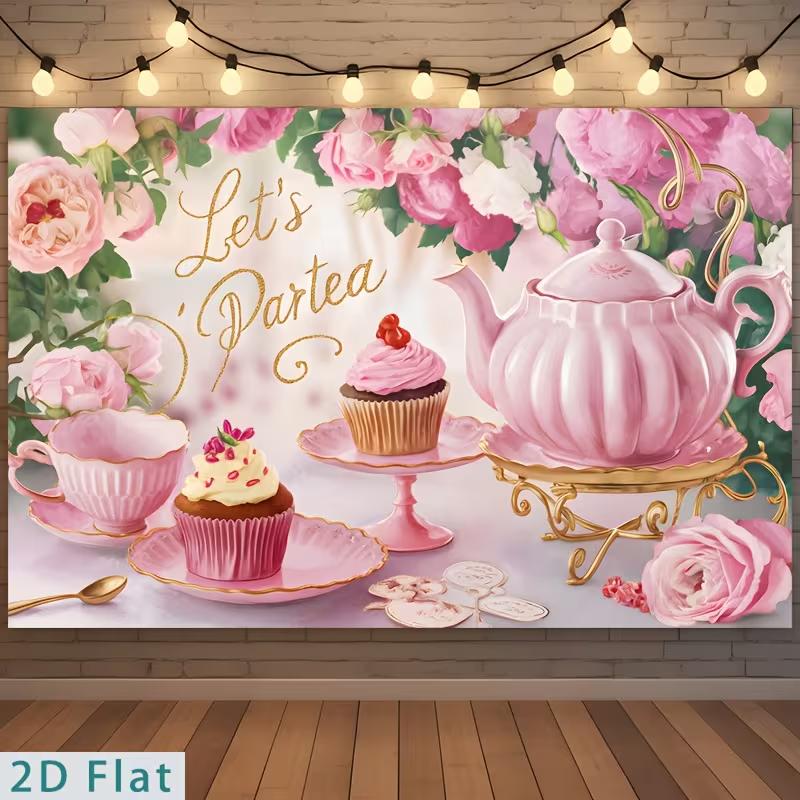 

2D Tea Party Decoration Backdrop, Teapot & Cupcake Banner 47.2x31.5inch/120*80cm