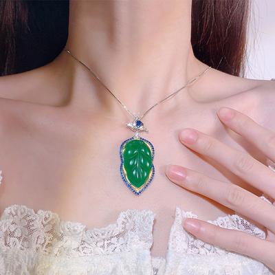 Jewelry Fashion Light Luxury Leaf Imitation Green Chalcedony White Chalcedony Leaf Necklace Blue