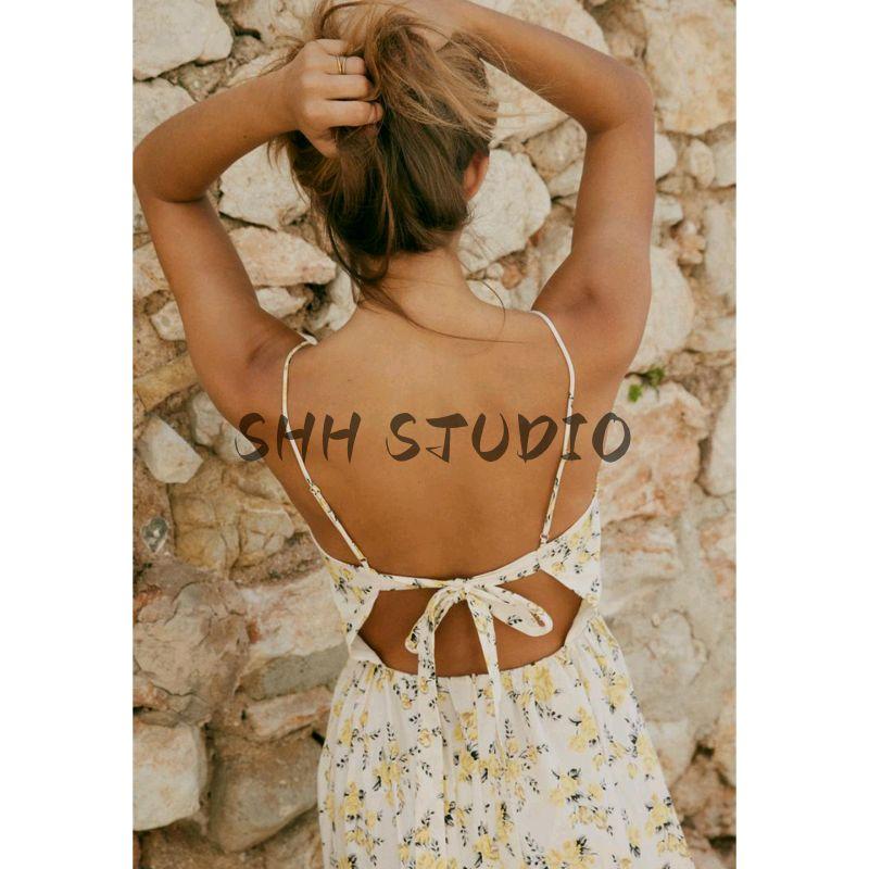 Summer New Product Women's Clothes Laminated Decoration Heart-Shaped Collar Flower Print Poplin Midi Skirt Dress 8155408