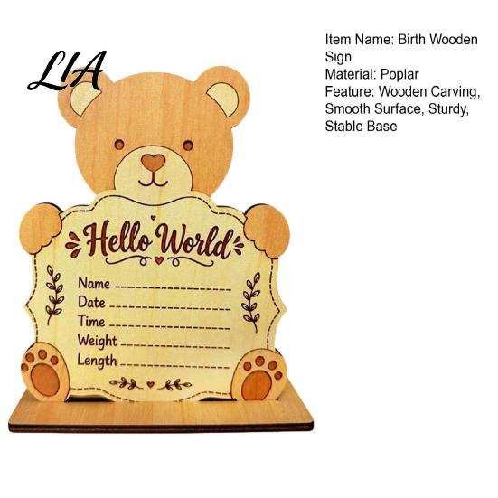 Baby Arrival Sign for Hospital Wooden Birth Announcement Sign, Cute Bear Hello World Newborn Welcome with Stand, Name Plaques Photo Props Shower