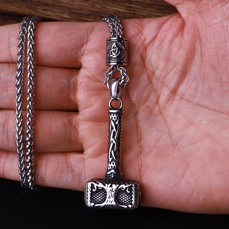 Flerfärgad pärlhalsband med vikingahammare och Thors hammare, rostfritt stål, herrhalsband, Mjolner amulett, smycken