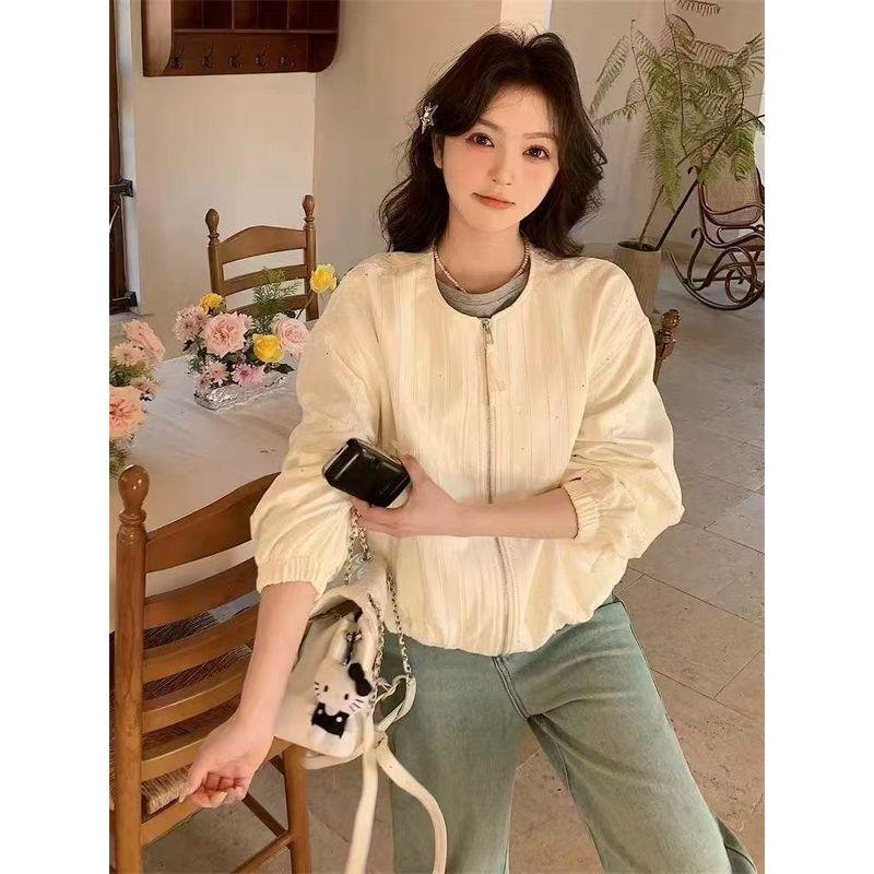 

Han Dong Gate Straight-leg! Thousand Yuan Product ~ Lazy Fan Pit Striped Crew Neck Long Sleeves Lazy Fan Female Polyester Cotton Jacket Beige White L