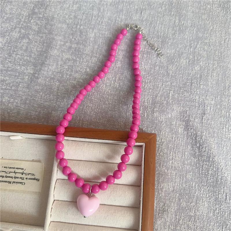 Fashion Cute Candy Color Heart Pendant Resin Beaded Choker Necklace For Women Girls Trendy Goth Vintage Aesthetic Accessories