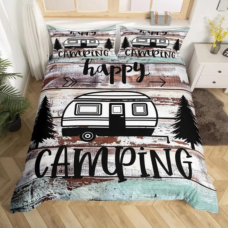 Camper Bedding Set Kids Happy Camping Duvet Cover Set Microfiber Rv Camping Quilt Cover Camper Accessories For Travel Trailers