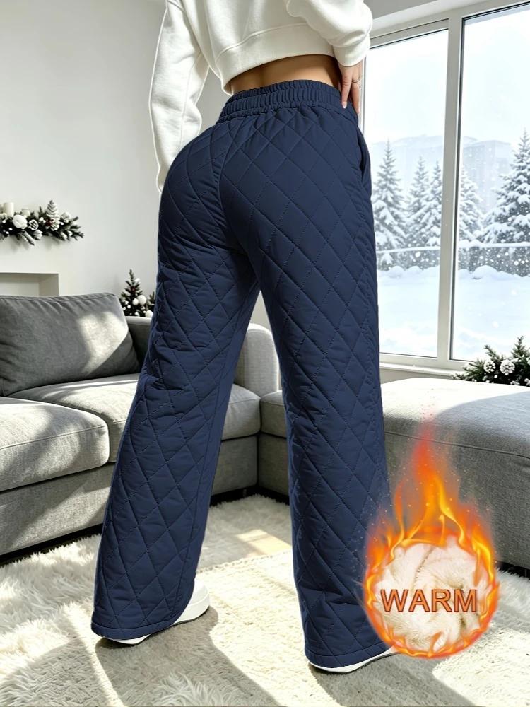 Winter Quilted Rhombus Plush-Lined Pants Women Thickened Draping Outer Wear Cold-Proof Trousers Fleece Lined Long Parkas Pants