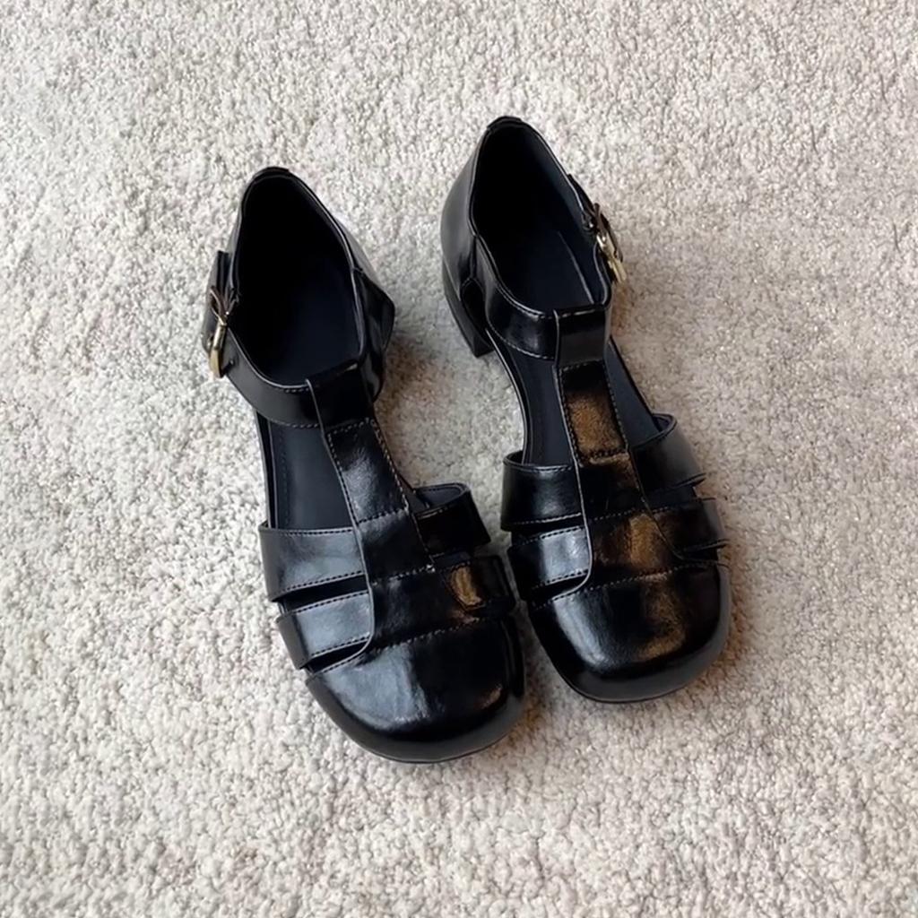 Schafsleder-Version~ Französische Retro-Webart, hohler runder Kopf, römische Sandalen, Damen, vielseitig, mit einem Knopf, niedriger Absatz, Taschenkopf-Sandalen