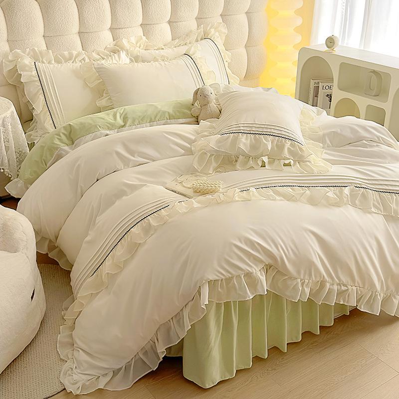 Pleated Lace Bedding Set Four-piece Princess Style Skin-friendly Comfortable Breathable Washed Quilt Cover Bed Sheet Pillowcase
