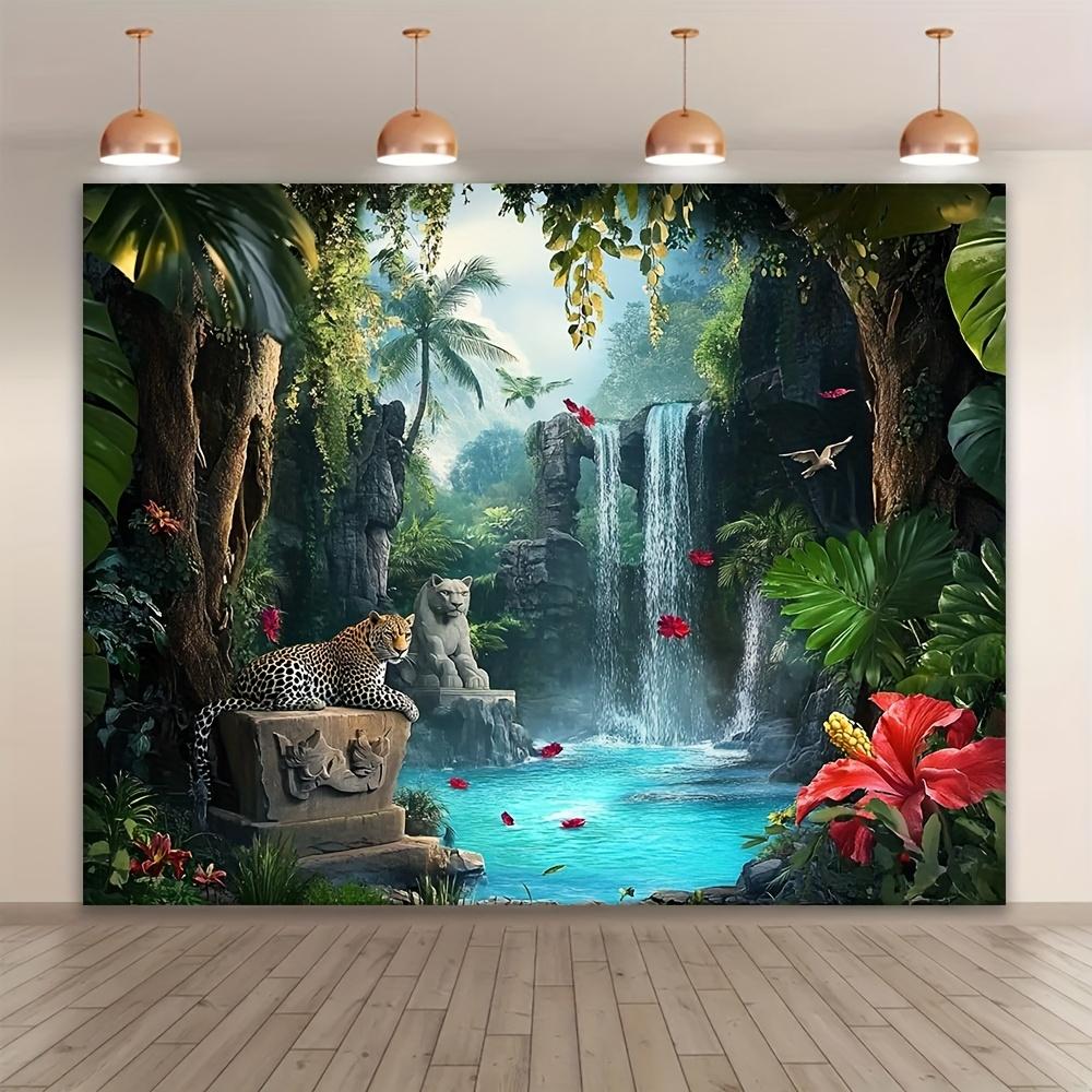 1pc Dreamy Forest Mural with Leopards, Polyester Fiber, Jungle Waterfall Scenery, Living Room and Bedroom Decoration