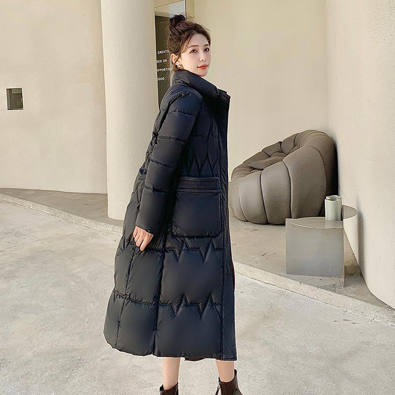 Big pocket hooded down cotton clothes cotton clothes winter new temperament removable hat medium and long knee cotton clothes