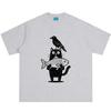 Cartoon Cat And Crow Fish Funny Meme Tshirt Unisex Unisex Vintage Fashion Tshirt Summer Shortsleeved Loose Casual Cotton Tshirts