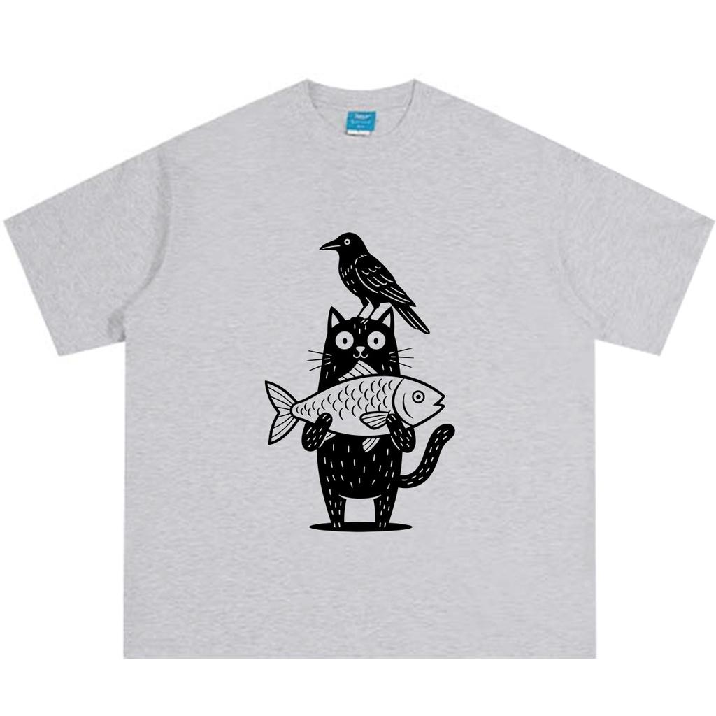 Cartoon Cat And Crow Fish Funny Meme Tshirt Unisex Unisex Vintage Fashion Tshirt Summer Shortsleeved Loose Casual Cotton Tshirts