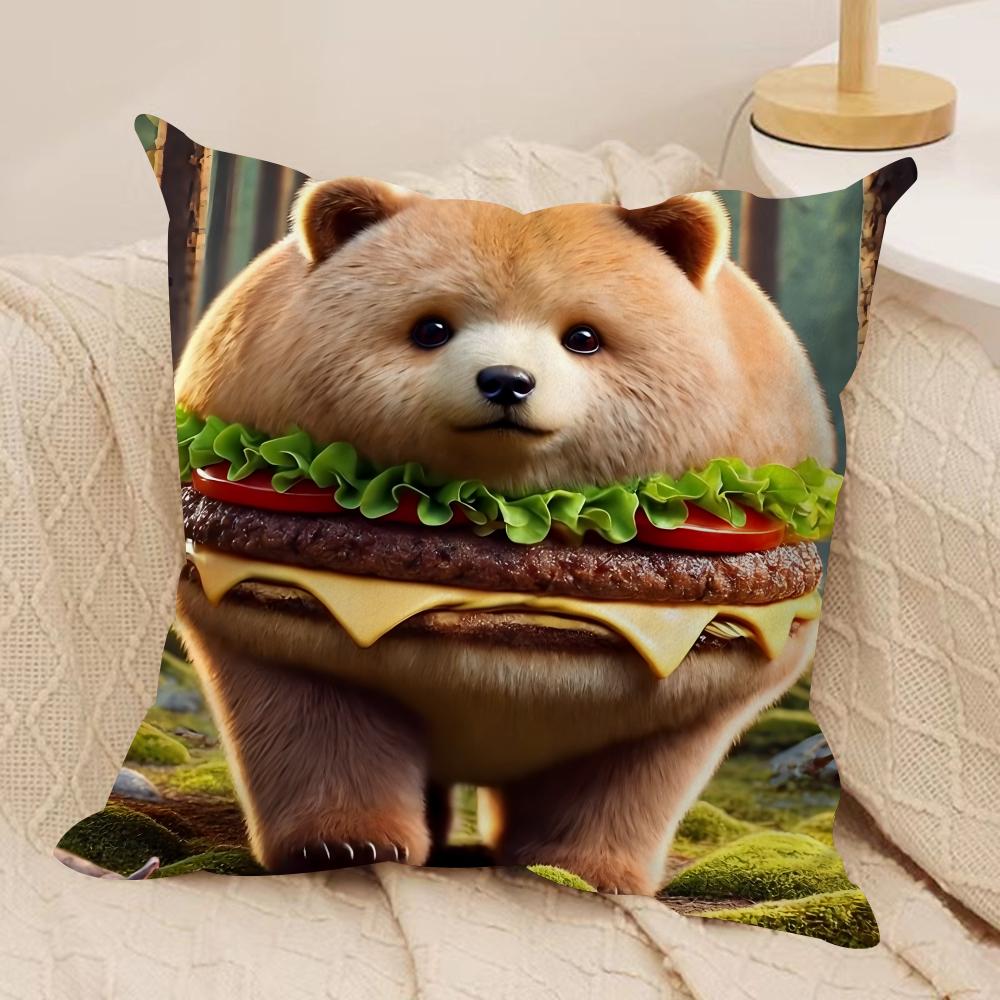 Fun Animal Burgers MEME Cushion Cover Silky Short Plush Invisible Zipper Dustproof Sofa Pillow Case For Home Decor
