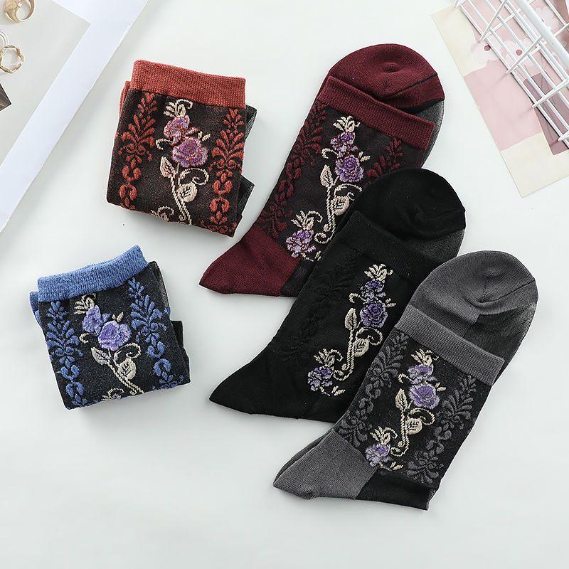 5 Pairs of Four Season Thin Cotton Bottom High Tube Crystal Glass Fiber Adult Women's Socks