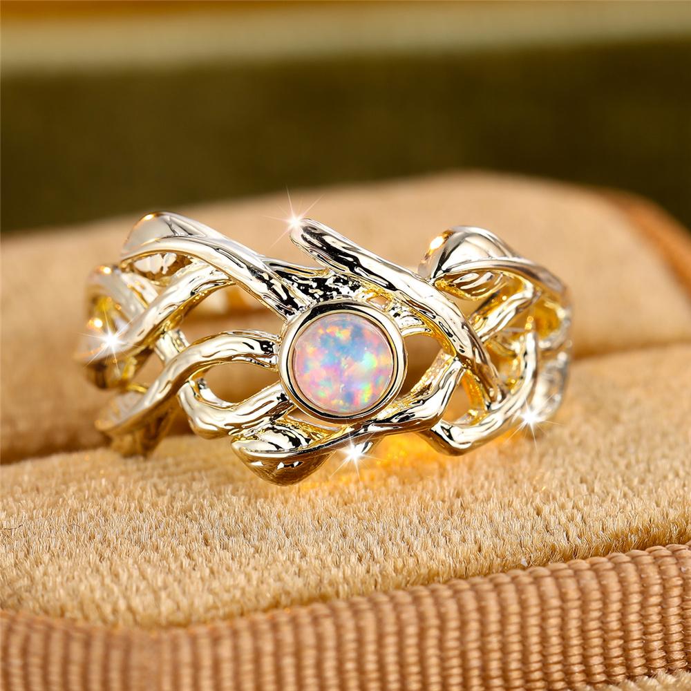 

Cute Female White Fire Opal Stone Leaf Ring Vintage Gold Color Wedding Jewerly For Women 8
