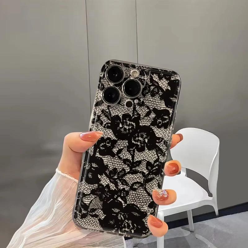 

Black Lace Transparent Phone Case For iPhone 17 16 Pro Max 15 14 13 Mini 12 11 X XR XS 17 Air 16E 15 Plus Shockproof Cover Leather&iPhone 12 mini