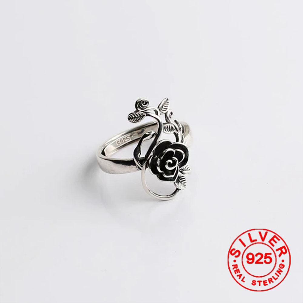 

BF CLUB Silver Color Black Rose Ring For Women Fine Jewelry Finger Adjustable Open Vintage Ring For Party Birthday Gift