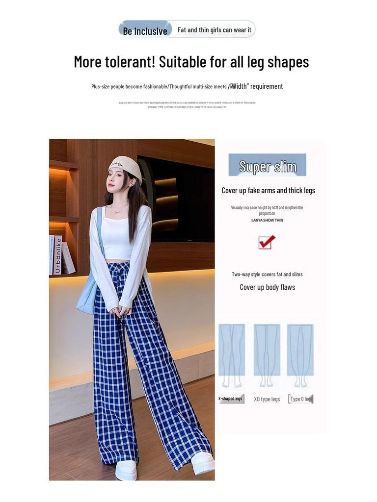 Damen Amerikanisch Blau & Weiß Karierte Hose mit Weitem Bein - Sommer 2025 Locker Geschnitten, Einreihig, Bodenlang