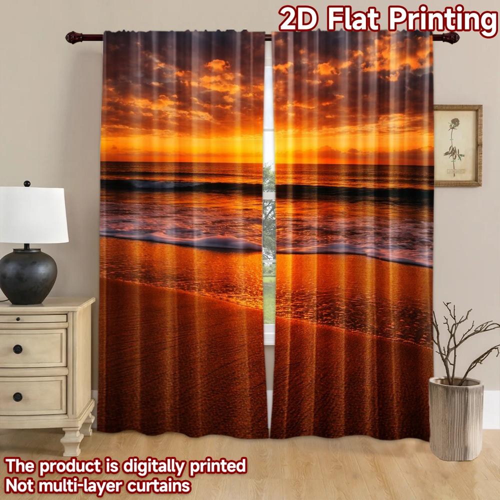2D flat printing 2pcs Curtain Party Window Curtains Golden Beach Sunset Digital Printed Polyester Drapes Birthday Party Perfect