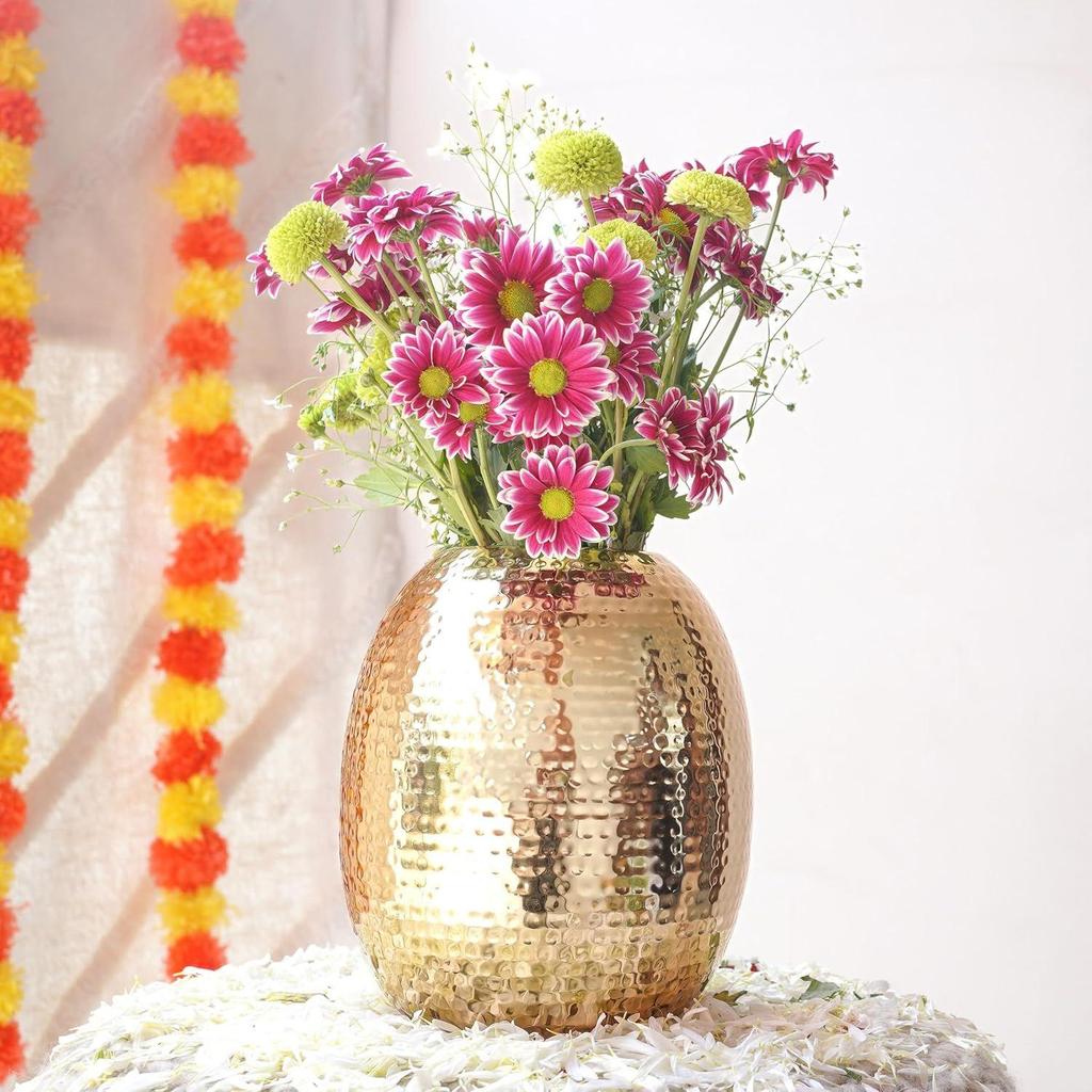 Metal Hammered Oval Shape Vase for Home Decor Decoratives for Indoor Outdoor Living Room Balcony | Best Gift