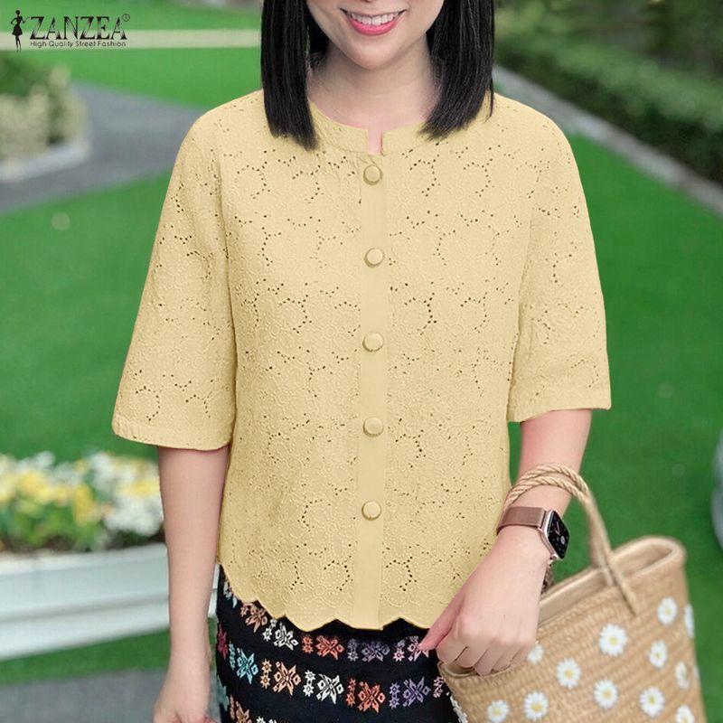 ZANZEA Women Round Neck Half Sleeve Casual Patchwork Crochet Blouse