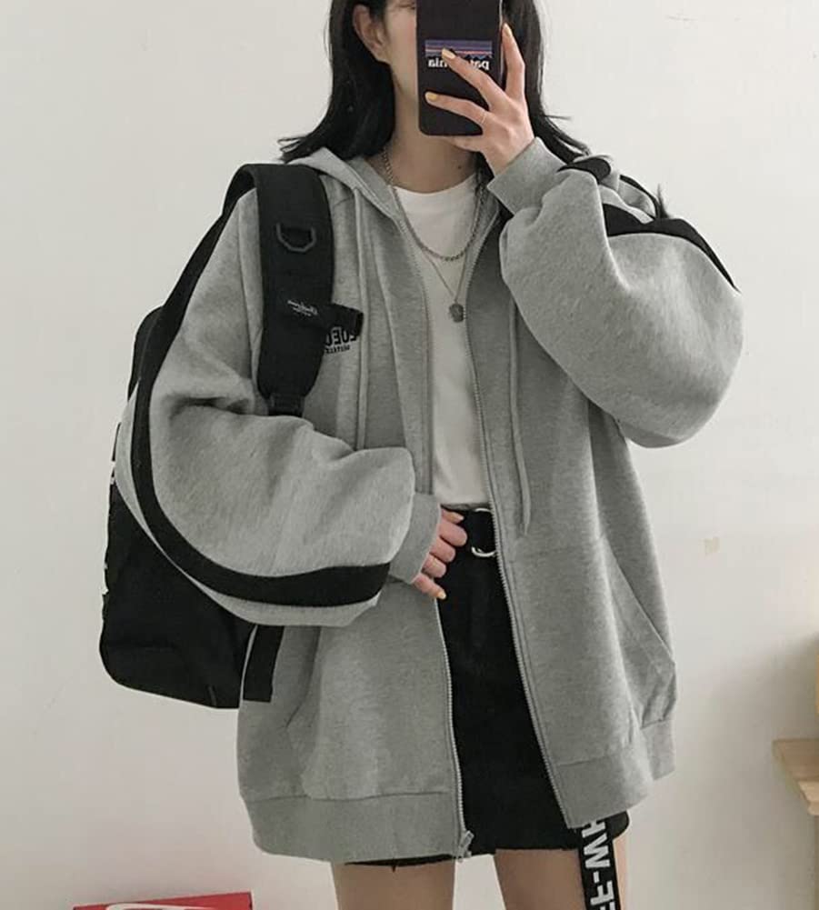 ASARANS Loose with Stylish for and Winter Women's Zip-Up Hoodie, Fleece-Lined, Warm, Zip-Up, Fit, Hood, Spring, Autumn, (Size L, Gray)