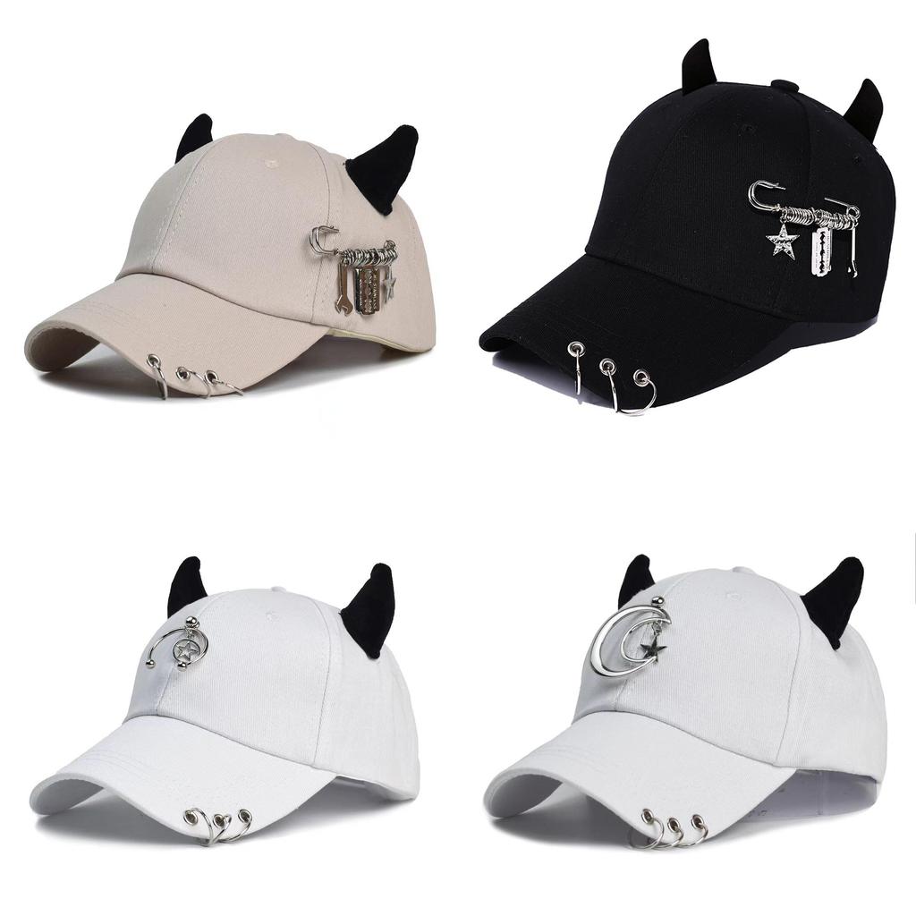 Streetwear Cool Cowhorn Baseball Cap With Metal Ring Embellishments For Urban Style