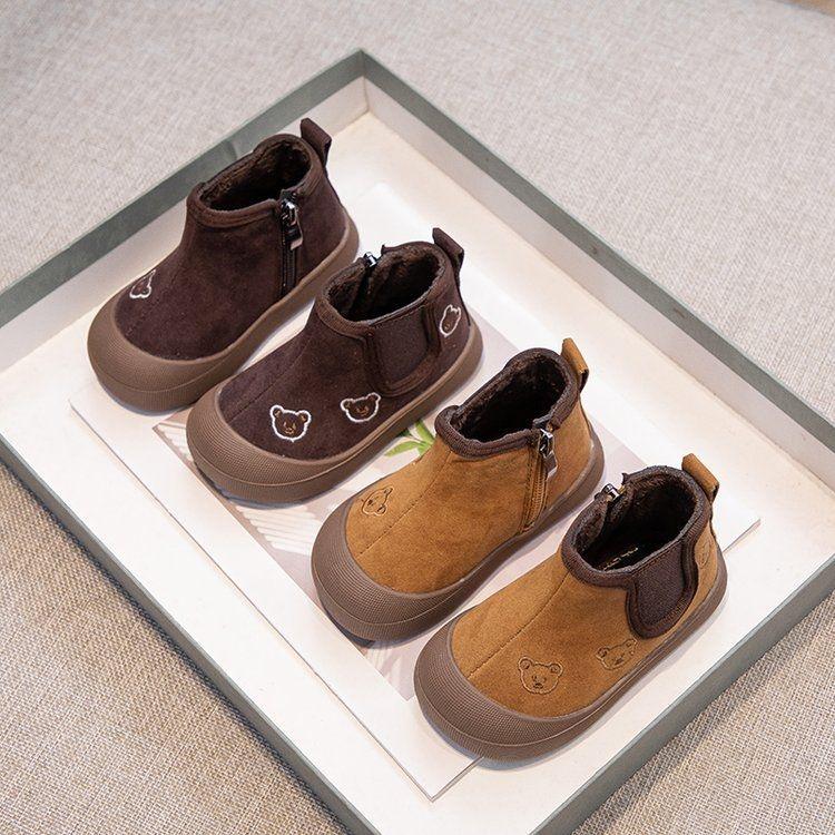 Korean version of girls embroidered bear short boots 2025 winter new two-cotton velvet warm boys non-slip sports cotton boots