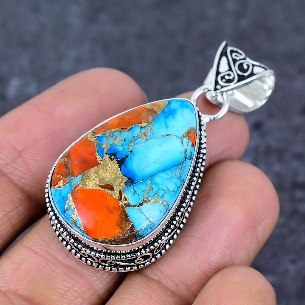 Natural Spiny Oyster Gemstone 925 Sterling Silver Jewelry Pendant 2.01" ET-4793