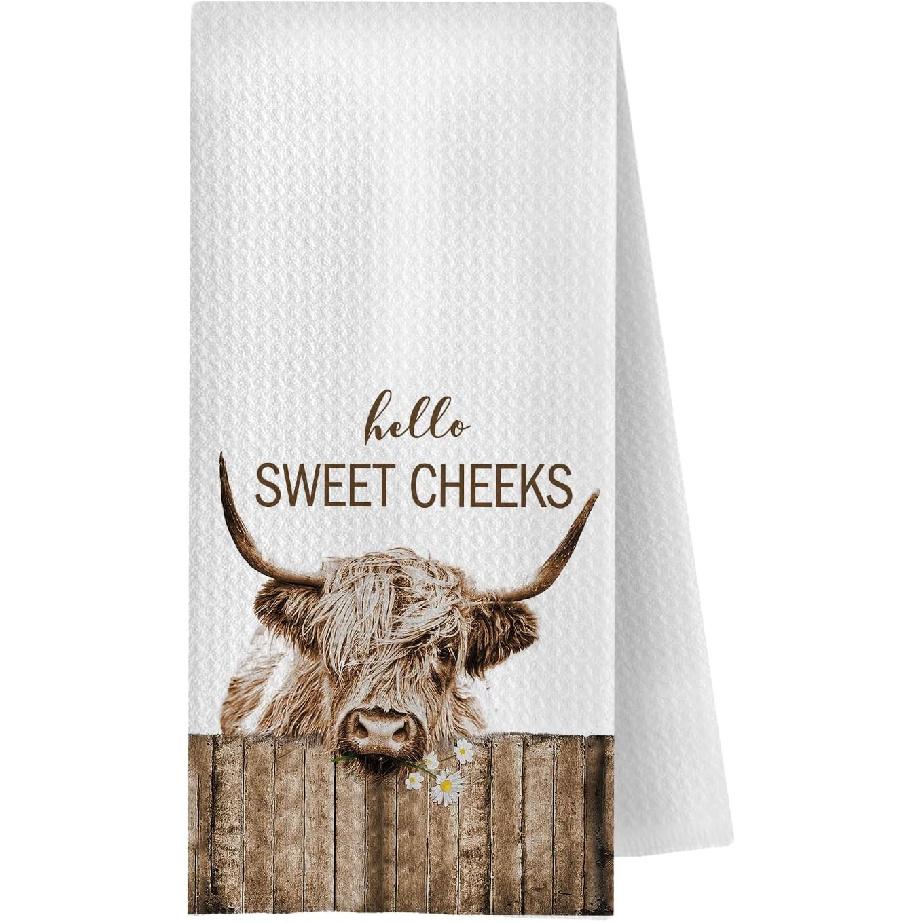 Highland Cow Bathroom Kitchen Towels - Hello Sweet Cheeks Western Bathroom Kitchen Decor,Farmhouse Western Cow Decorative Hand Towels 16x24, Funny