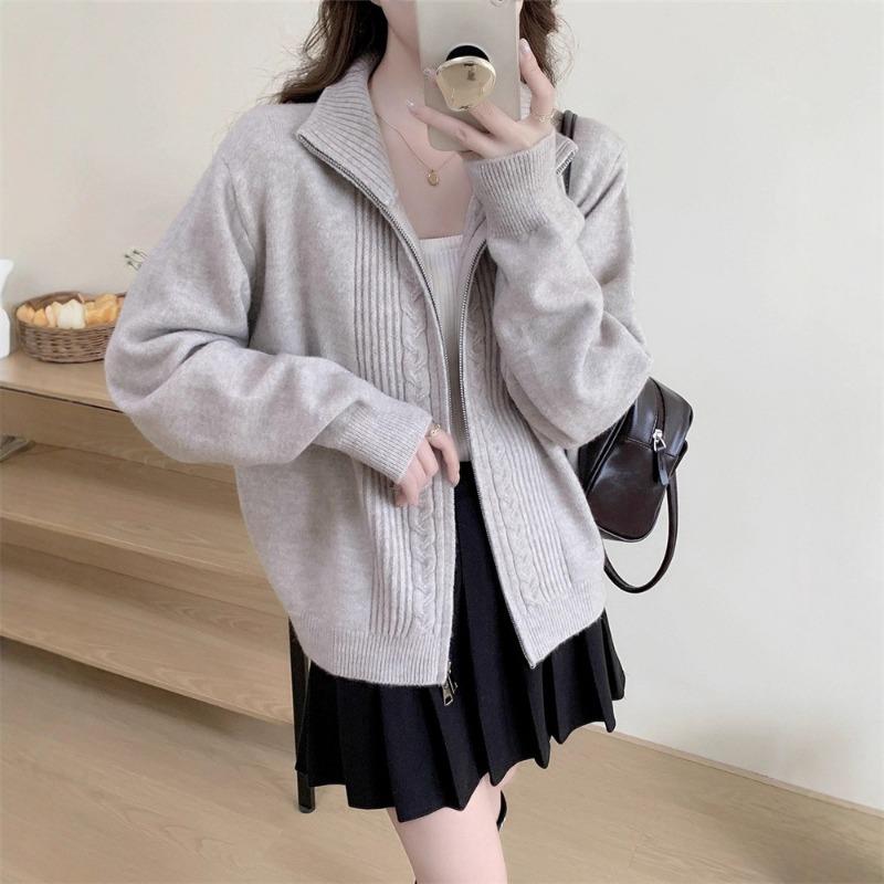 Double Zipper Twist Lapel Sweater Jacket Women's Autumn and Winter New Loose Simple Lazy Wind Knitted Cardigan