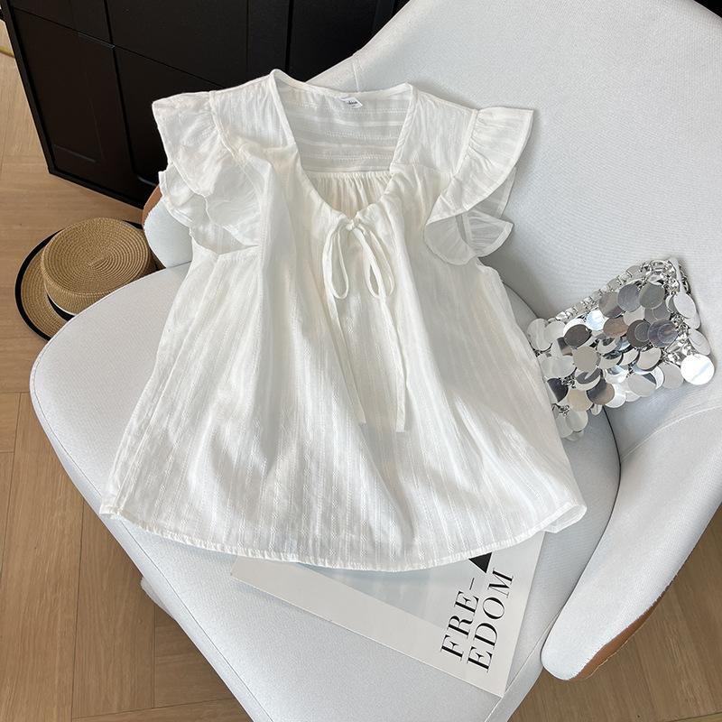 

Lace-up short-sleeved shirt women s 2025 summer new ruffle edge drawstring loose small fresh sleeveless top M [Recommended below 50kg] білий