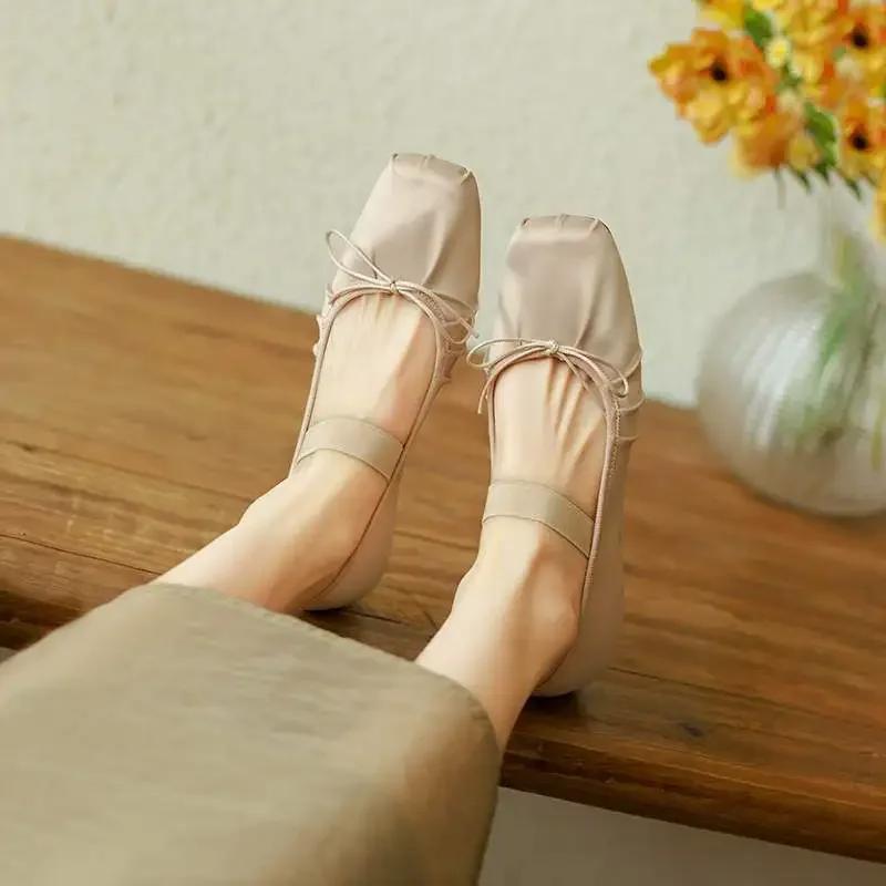 French Silk Ballet Flats Women's Elastic Mary Janes Comfortable Flat Head Square Low Cut Grandma Shoes High Heel Single Shoes