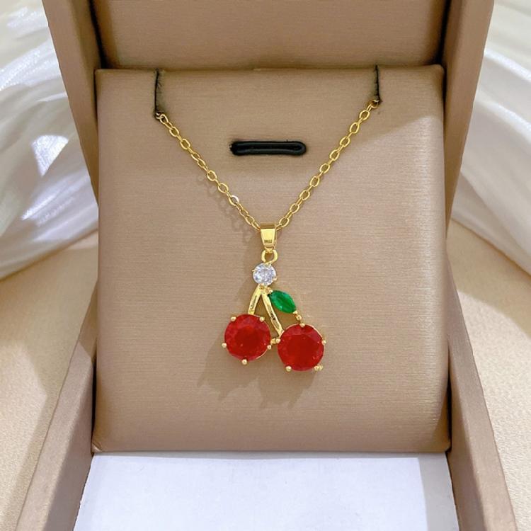 Vibrant Zircon Cherries Pendant Necklace Fashionable Cherries Designs Necklace Zircon Pendant Neckchain For Women