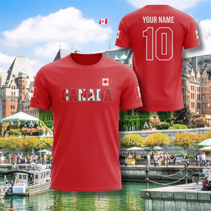 Red Maple Leaves Print Design Canada Football T-shirt Unisex Round Neck Breathable T Shirts Custom Name Number Sport Quick Dry