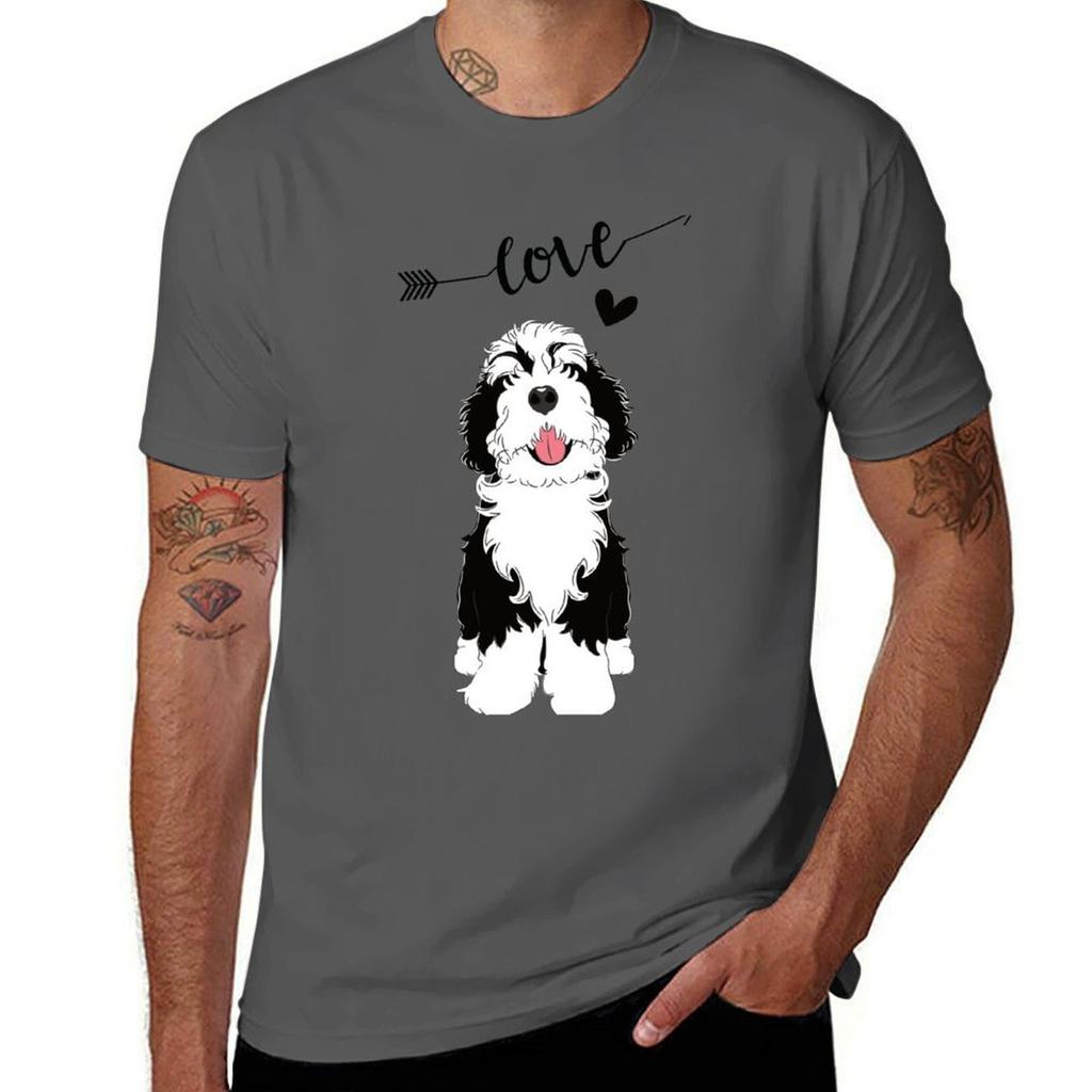 LOVE Black and White Bernedoodle TShirt Summer Print Short Sleeve Tee