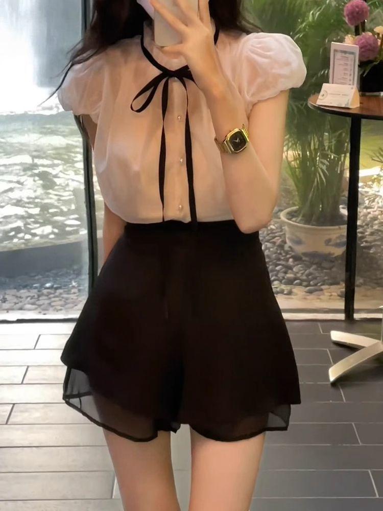 Chic French Bow Tie Chiffon Top with Lace Puff Sleeves for Women