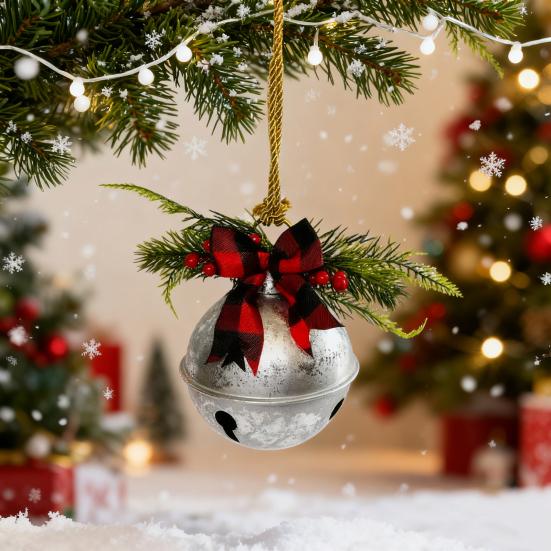 Christmas Bells Ornament Rustic Christmas Jingle Bell with Pine Needles Red Berries And Plaid Bow for DIY Holiday Door Window Tree Wreath Garland